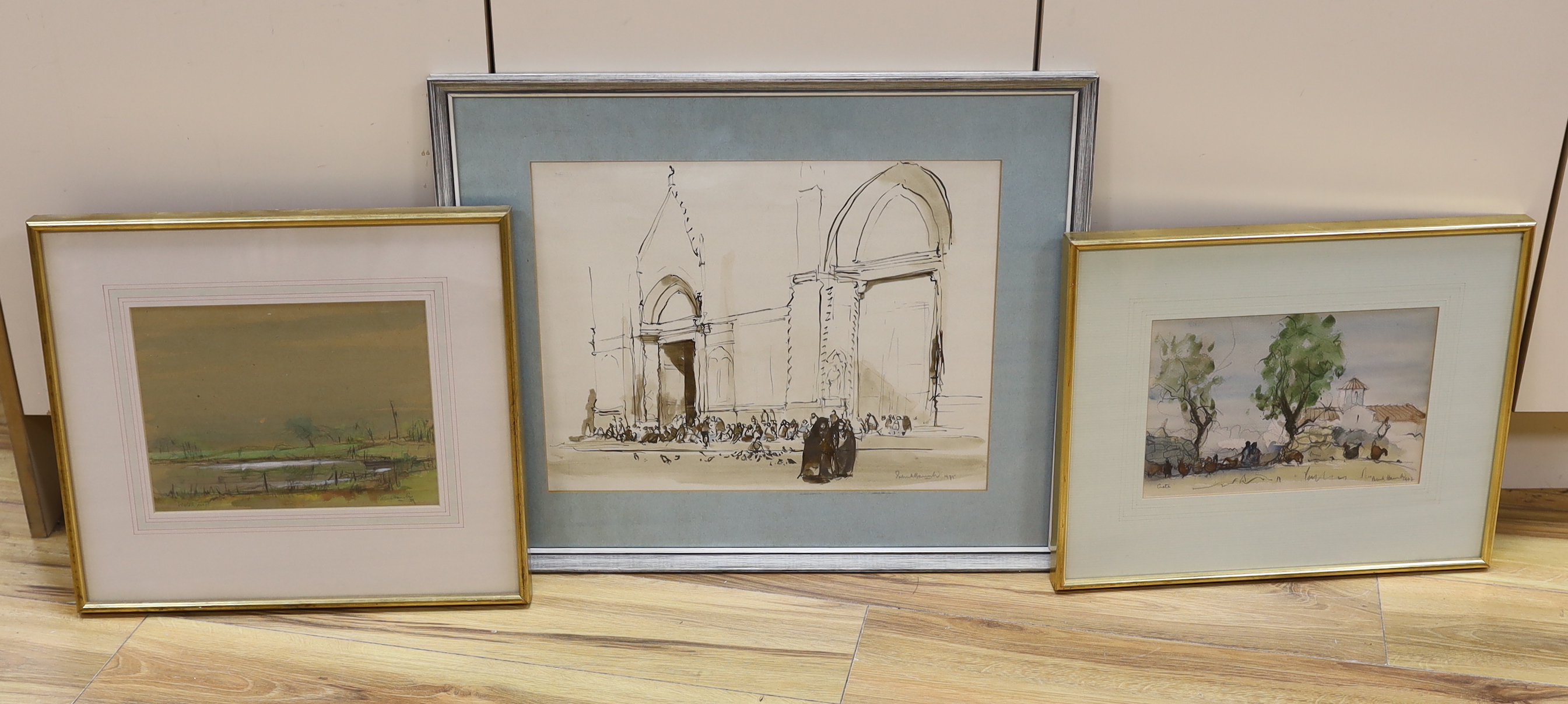 Patrick Hamilton (b.1923), three watercolours, including Cretan view and Welsh mist, two with gallery labels verso, largest 33 x 43cm